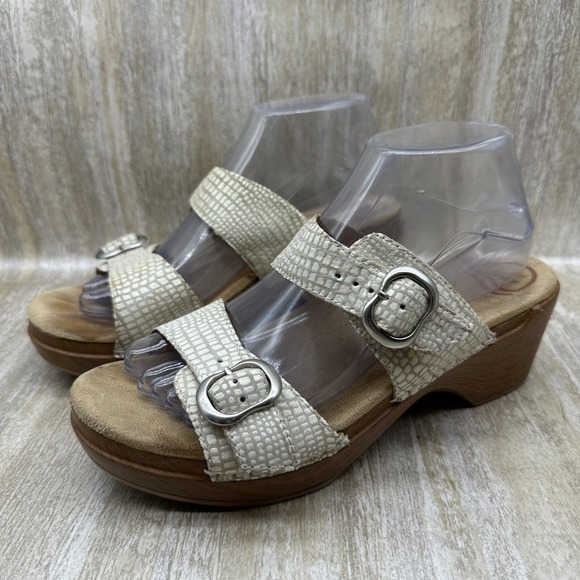 Dansko Womens Slide Wedge Sandals 9.5-10 Double Crossovers Buckles White Reptile - Picture 1 of 9